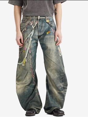 Acne Studios Kawaii Oversized Wide-Leg Embellished Denim Jeans in Green Wash